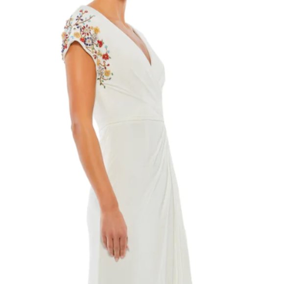 MAC DUGGAL 55709 EMBELLISHED SLEEVE JERSEY WRAP WHITE MULTI GOWN sz 6 - Picture 2 of 9